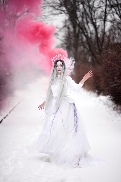 Cosplay reine des neiges dans la forêt en hiver