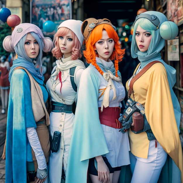 Cosplayers asiatiques génératifs ai posant à l'extérieur