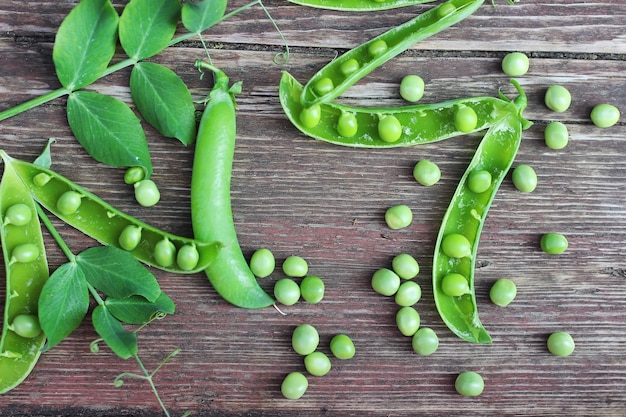 Cosse de pois sur le fond en bois