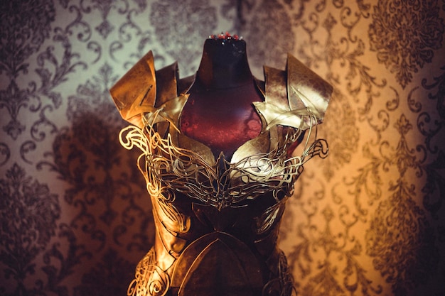 Costume Armure de femme Cuirasse en métal solide faite à la main en or avec des formes gothiques et de fins brins d'acier