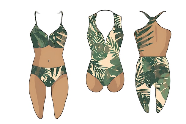 Photo costume de bain découpé avec des feuilles de palmier sur la poitrine une illustration collection de vêtements plats