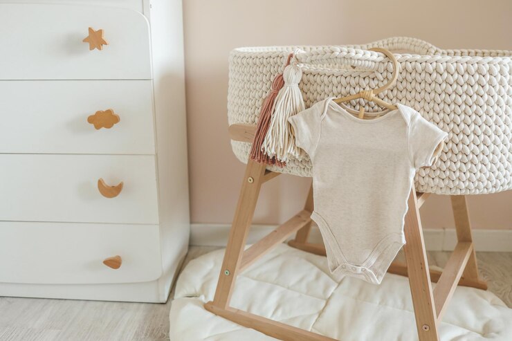 Costume beige pour enfants sur un cintre en bois dans la chambre d'enfants