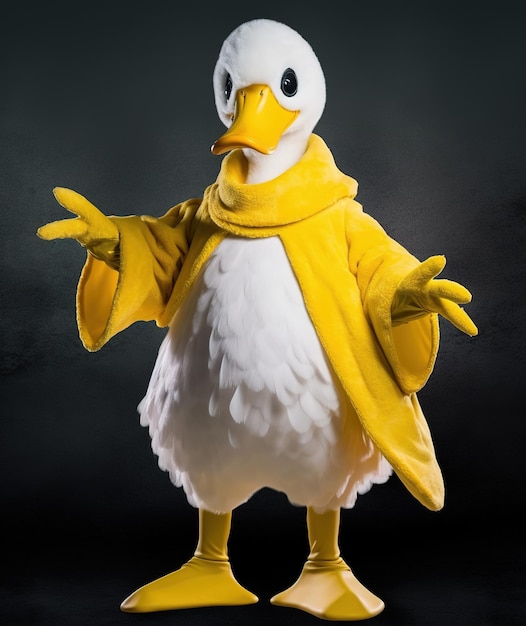 Un costume de canard avec une cape jaune et une écharpe jaune.