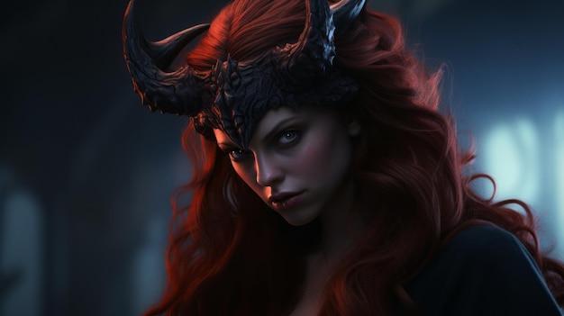 Photo costume féminin du diable avec de longs cheveux roux et des cornes