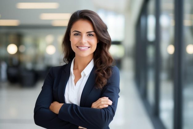 un costume de femme d'affaires avec les bras croisés