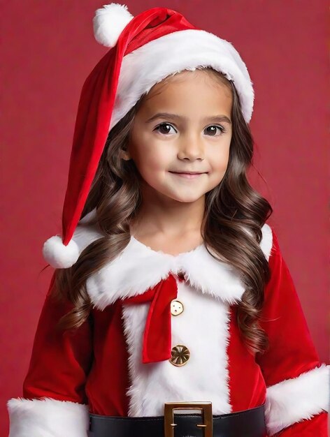 Un costume de fille, une coiffure de Père Noël, un fond de couleur rouge isolé généré par l'IA