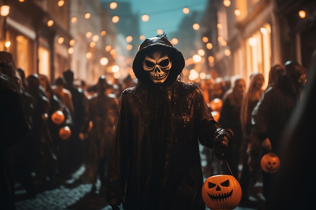 Le costume d'Halloween dans la rue de nuit