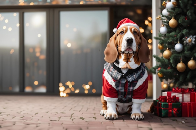 Costume de Noël festif de Basset Hound au pays des merveilles hivernales