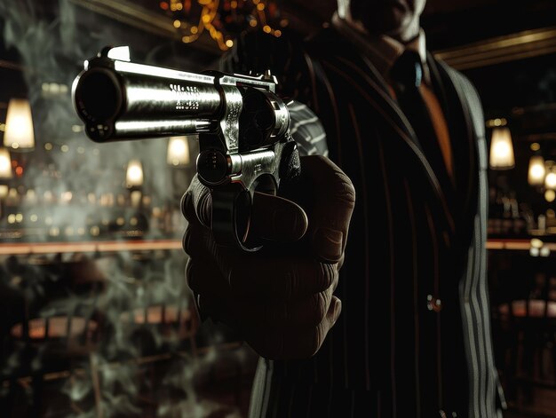 Photo costume à rayures gangster tenant un revolver vintage dans une boîte de nuit noir remplie de fumée 3d render silhouette éclairage aberration chromatique point de vue prise de vue