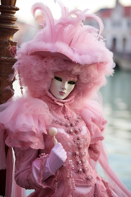 costume rose au carnaval de Venise