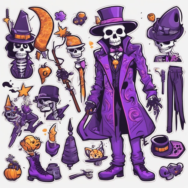 Un costume violet de squelette en bâton de main et un t-shirt de chapeau d'articles design fond d'Halloween