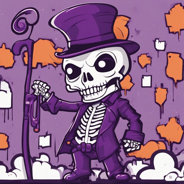 Un costume violet de squelette en bâton de main et un t-shirt de chapeau d'articles design fond d'Halloween