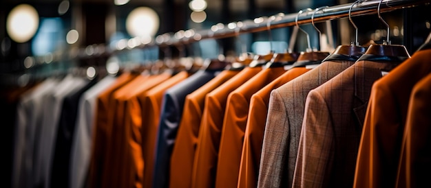 Des costumes d'homme sur un cintre dans une vitrine Closeup