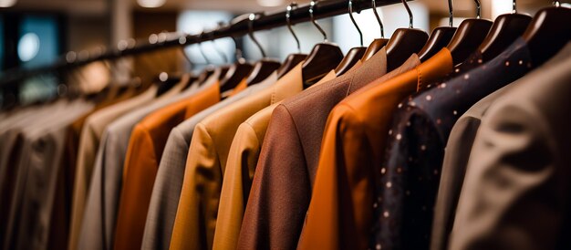 Des costumes d'homme sur un cintre dans une vitrine Closeup