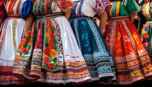 Des costumes vibrants ornent les danseurs lors d'un défilé traditionnel généré par l'IA