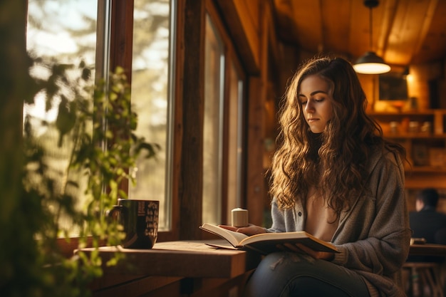 Cosy Coffee Shop Livre Lecture Fille Générative AI