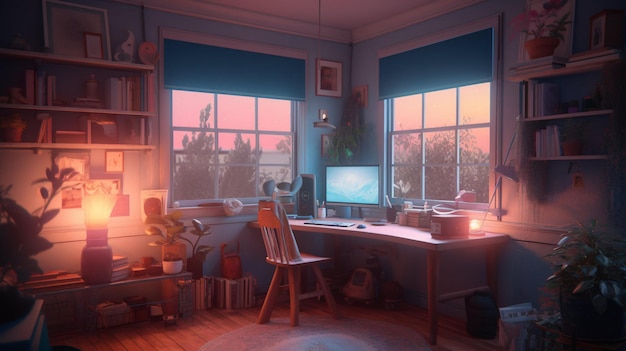 Cosy lofi room poste de travail papier peint fond illustration design chambre Generative AI