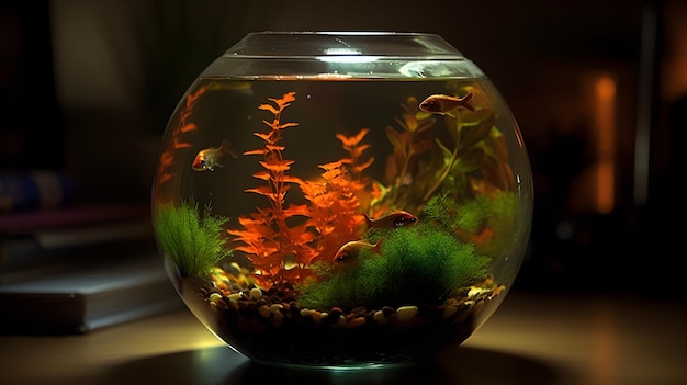 Écosystème sous-marin vibrant dans un petit aquarium à poissons rond avec des poissons d'ornement en pierre colorés et des plantes aquatiques artificielles