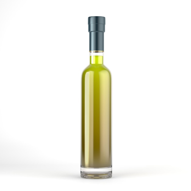 Côté avant de la bouteille d'huile d'olive en fond blanc