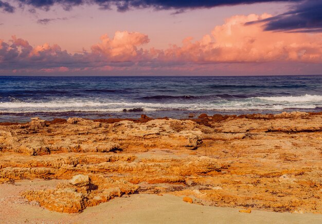 Côte de la mer au coucher du soleil