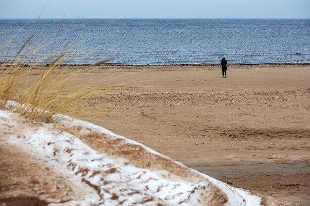 La côte de la mer Baltique avec de la neige à travers le sable