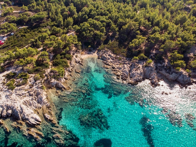 Côte de la mer Égée avec des rochers près du rivage et sous l'eau transparente bleue, verdure, vue depuis le drone, Grèce