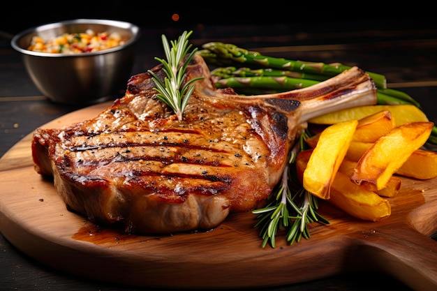 Une côte de porc grillée savoureuse avec du romarin et des asperges parfaitement cuite et servie sur un bois rustique