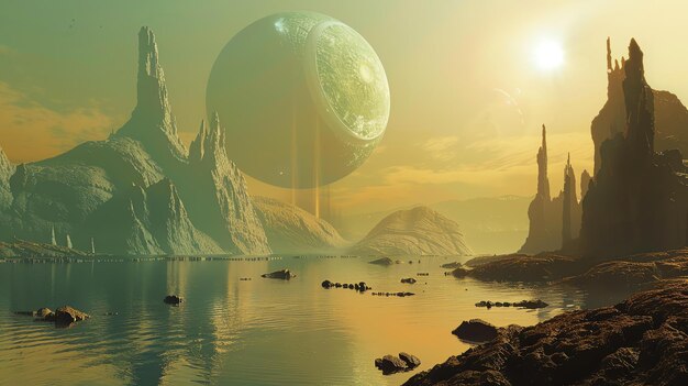 Photo la côte rocheuse d'une planète extraterrestre avec une lune aux anneaux dans le ciel.