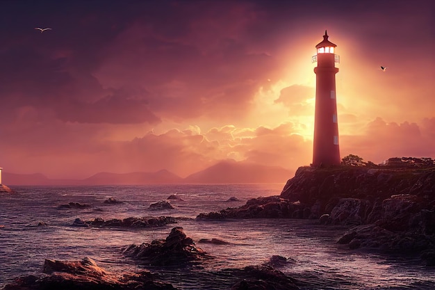 Côte rocheuse avec des vagues orageuses et un phare sur un rocher la nuit illustration 3d