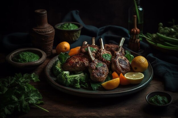 Côtelettes d'agneau grillées aux légumes sur fond sombre