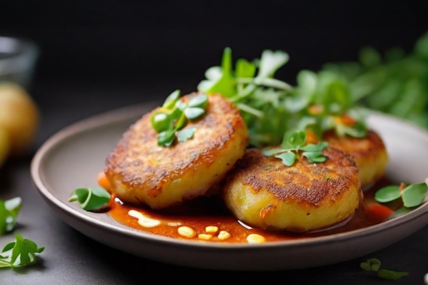 Des côtelettes de pommes de terre servies avec des pousses et de la sauce.