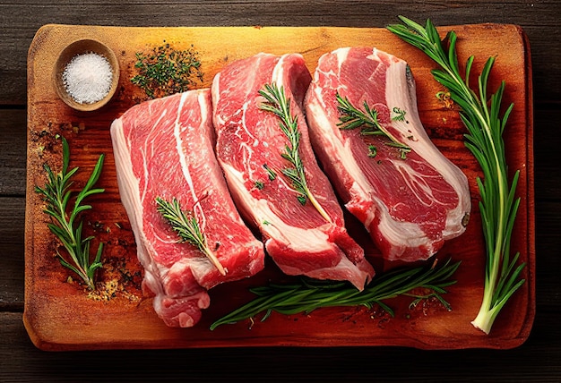 Photo côtelettes de porc crues au romarin et aux épices sur une vue de dessus de planche à découper en bois