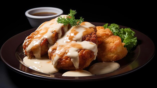 côtelettes de porc frites avec de la mayonnaise fondue sur une plaque fond noir et flou