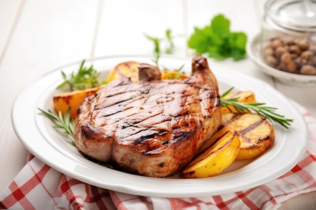 Photo des côtelettes de porc grillées sur une assiette en céramique blanche