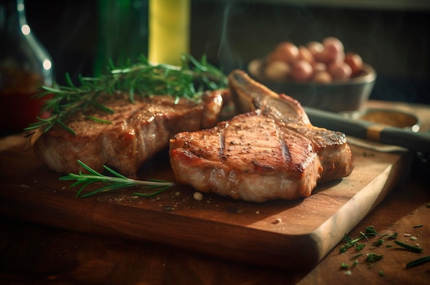 Côtelettes de porc grillées ou poêlées sur l'os avec ail romarin et fines herbes générées par IA