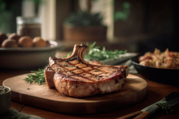 Côtelettes de porc grillées ou poêlées sur l'os avec ail romarin et fines herbes générées par IA