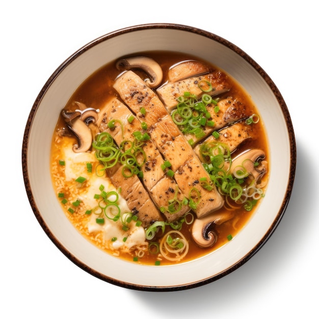 Des côtelettes de porc et de la soupe de tofu sur un bol blanc, vue du haut sur fond blanc