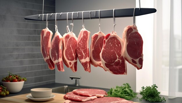 Photo des côtelettes de viande rouge crue accrochées à des crochets dans une cuisine moderne.