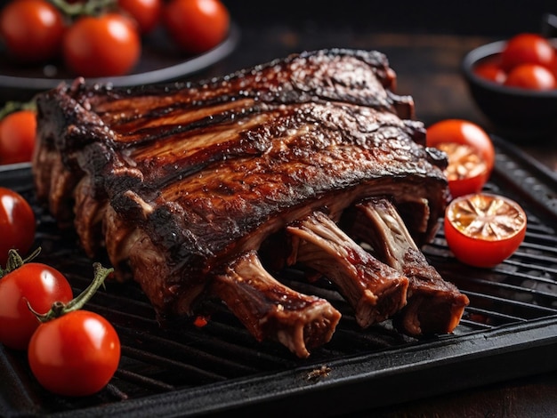 côtes à l'arrière grillées sur un plateau avec des tomates rouges