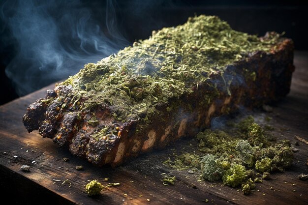 Des côtes au barbecue fumées avec de la croûte d'herbes