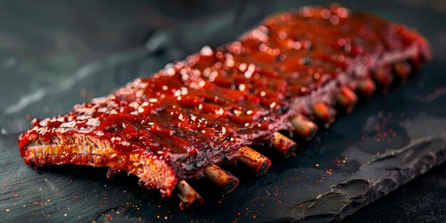 Des côtes fumées tendres avec une sauce barbecue étincelante passant à un gradient gris fumé