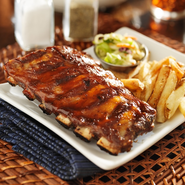 Côtes levées barbecue et frites sur une assiette