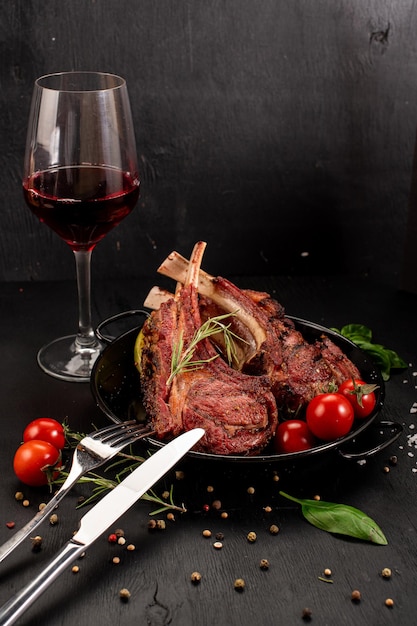 Côtes levées de viande frite et sauce sur le fond en bois