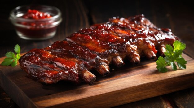 Des côtes de porc au barbecue avec de la sauce barbecue et du ketchup sur une planche de bois