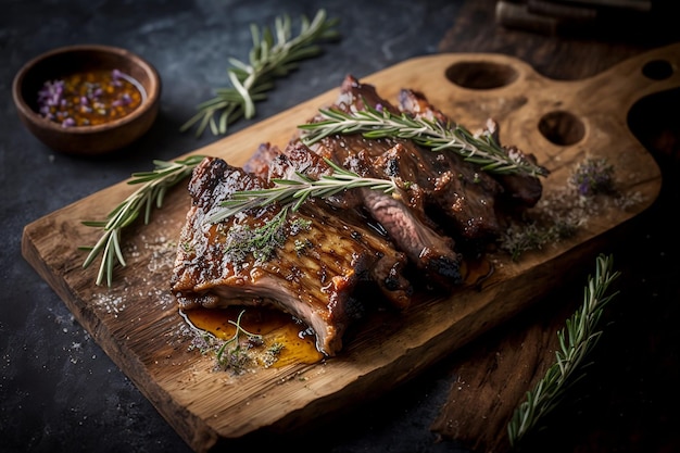 Côtes de porc sur une planche de bois avec un brin de romarin,