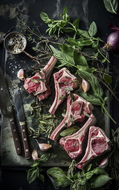 côtes de viande d'agneau fraîches avec des herbes