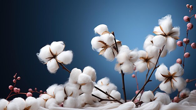 Coton blanc moelleux fleur graine branche fibre organique matières premières tissu copie espace générative ai