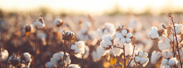 Coton mûr avec des fibres blanches poussant sur un espace de copie de plantation créé à l'aide d'une IA générative