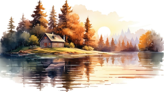 Cottage au bord d'un lac illustration aquarelle générative ai