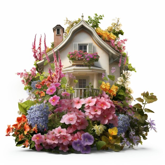 Cottage à la campagne avec des fleurs dans le jardin Aquarelle illustration de maison mignonne sur b blanc